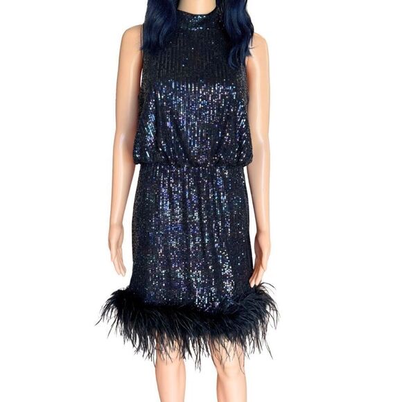 NWT Eliza J Black Feather Trim Sequin Blouson Mini Dress - Picture 4 of 8